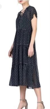 Anthropologie Current Air Swiss Dot Sheer Maxi Dress XS Navy Blue White Tiered